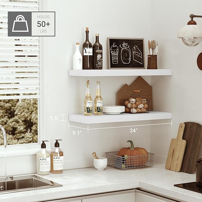 Floating Shelves for Wall 24 inchs Long, 9.1” deep x 1.5” Wall Shelf for Bedroom, Bathroom, Living Room, Kitchen, Office Home Decor, Deep Wood Shelves with Invisible Brackets, Set of 2 White-Ruum Studio Home