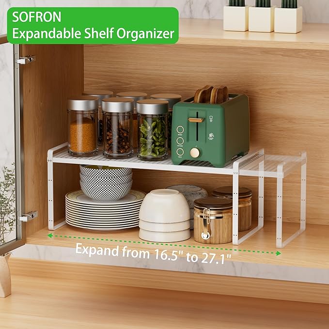 Expandable Cabinet Storage Shelf Stackable Organizer Rack for Kitchen Bathroom Pantry Spice Cupboard Coffee Countertop Home Office Desk Heavy Duty Nonslip White Large 2 Packs-Ruum Studio Home