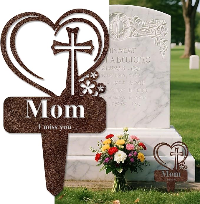 Mom Memorial Grave Stake, Cemetery Decorations for Grave Markers 12.5 x 7.2 inch Heart Metal Sympathy Stakes Graveside Plaque Decor Sign for Mother Graves, Yard, Garden - Rust-Mom-Ruum Studio Home