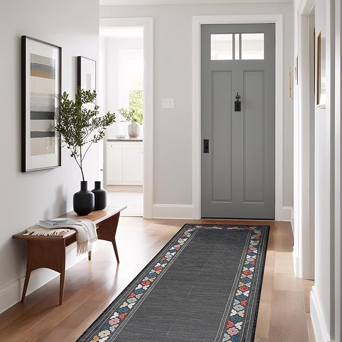 Beverly Rug Outdoor Runner Rug 2x7 Modern Floral Bordered Area Rugs for Indoor and Outdoor Patio Easy to Clean Non Shedding Living Room Porch Garden Washable Outside Carpet (2 x 7 Dark Gray)-Ruum Studio Home