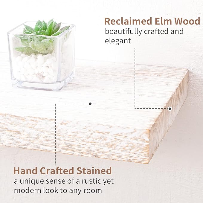 Axeman Floating Shelves for Wall, 8 Inch Deep Rustic Solid Elm Wood Wall Shelves for Storage, Wall Mounted Display Shelving with Invisible Heavy-Duty Metal Bracket, 36'' Width Set of 2, White Wash-Ruum Studio Home