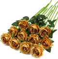 Gold Fake Roses Artificial Flowers - 10 Pcs Fake Artificial Roses Silk Flowers with Stems for Home Wedding Hotel Office Centerpiece Decor-Ruum Studio Home