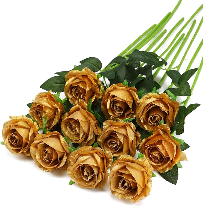 Gold Fake Roses Artificial Flowers - 10 Pcs Fake Artificial Roses Silk Flowers with Stems for Home Wedding Hotel Office Centerpiece Decor-Ruum Studio Home