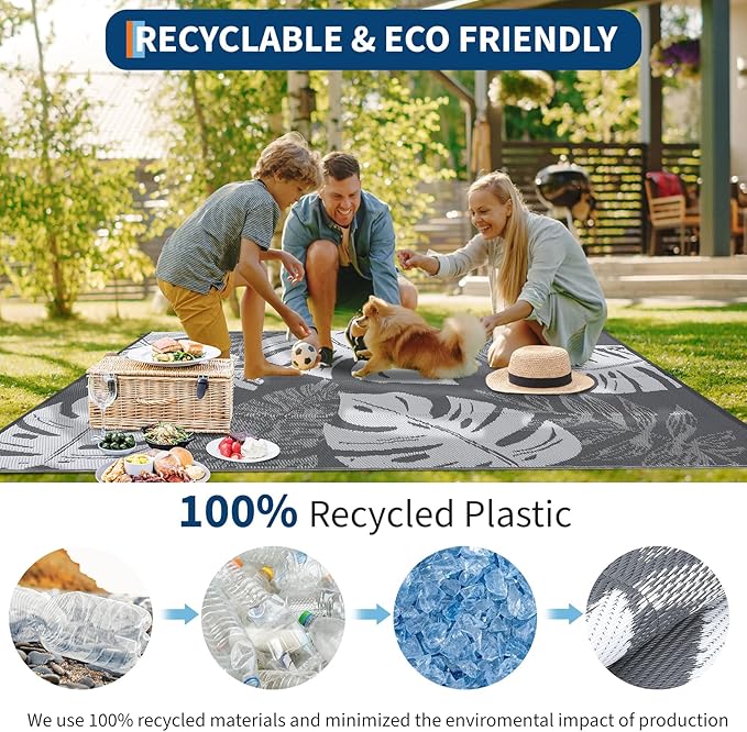 GAOMON Outdoor Rug Waterproof 9x12 Outdoor Plastic Straw Rug for Patio, Reversible Modern Camping Mat with Bag & Stakes, UV Resistant & Easy to Clean Carpet for RV, Deck, Balcony, Grey-Ruum Studio Home