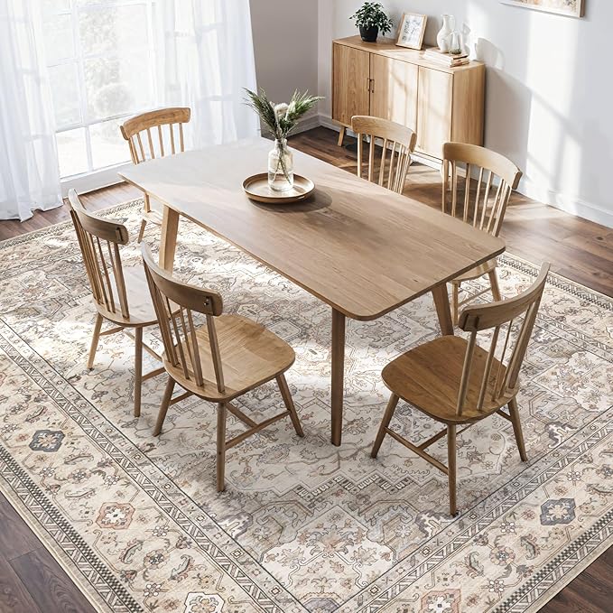 Washable Area Rugs for Living Room - 6x9 Neutral Vintage Distressed Floral Farmhouse Boho Large Soft Floor Rug Indoor Non Slip Carpet for Bedroom Dining Room Office - Brown/Multi-Ruum Studio Home