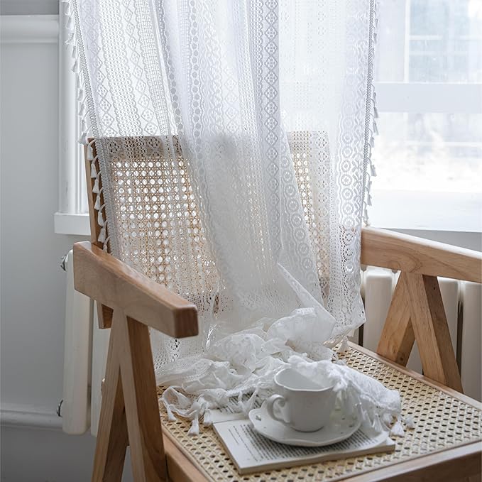 Sutuo Home Boho Curtains 120 inches for Bedroom Living Room Patio Doorway, Crochet Lace Sheer Bohemian Extra Long with Tassels,Window Treatment Drape, Single 1 Panel 59" W x 120" L, White-Ruum Studio Home