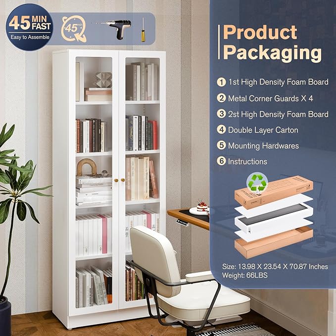 5 Tier Metal Curio Cabinets, Modern Bookshelf Cabinet with 4 Adjustable Shelves, Cabinet Display Case for Home Office, Living Room, Pantry (White-27.5W)-Ruum Studio Home