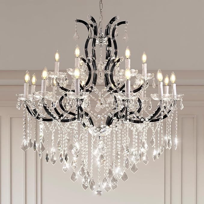 Large Black Crystal Chandelier Light Fixtures, 18 Lights Modern Crystal Chandeliers for Dining Room,Staircase Hallway Living Room Entryway,2 Layers 41'' Foyer Chandelier-Ruum Studio Home