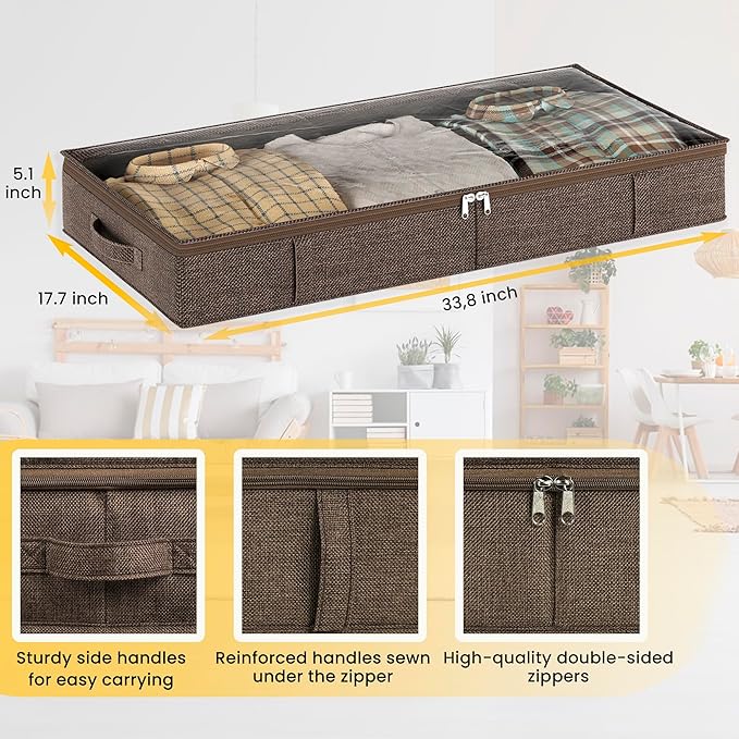 Brown Low Profile Under Bed Storage Containers 5 inches high, 33.8"x 17.7"x 5.1", Sturdy Underbed Shoe Storage Organizer, Foldable Fabric Under the Bed Storage Bins - Pack of 2-Ruum Studio Home