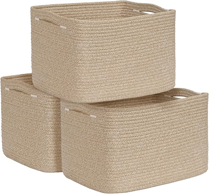 3-Pack Shelf Baskets for Organizing, Woven Storage Basket for Shelves, Cotton Rope Storage Bins for Toys Books, Nursery Towel Baskets for Classroom, 14.96"X9.8"X8.85", Brown-Ruum Studio Home