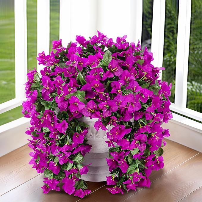 Faux Bougainvillea Artificial Flowers Plants for Outdoors Outside Decoration, 2 pcs Purple Fake Flowers UV Resistant Look Real Silk Long Trailing Vines for Front Door Porch Planter Urn Patio Garden-Ruum Studio Home