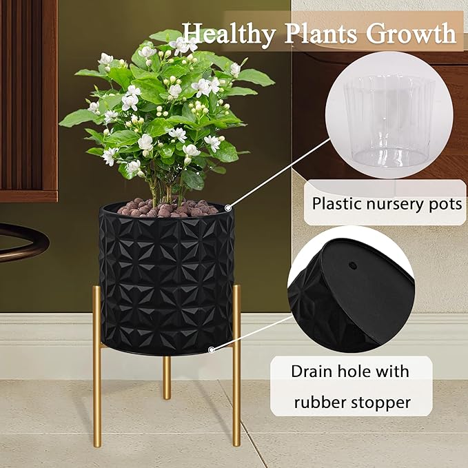 ARNIS Modern Planter Pots, Set of 2 Large Planters with Stand, Decorative Planters, Metal Pots with Drainage Holes for Living Room, Office, Garden or Balcony, 10.5 &12.25 Inch, Matte Black-Ruum Studio Home