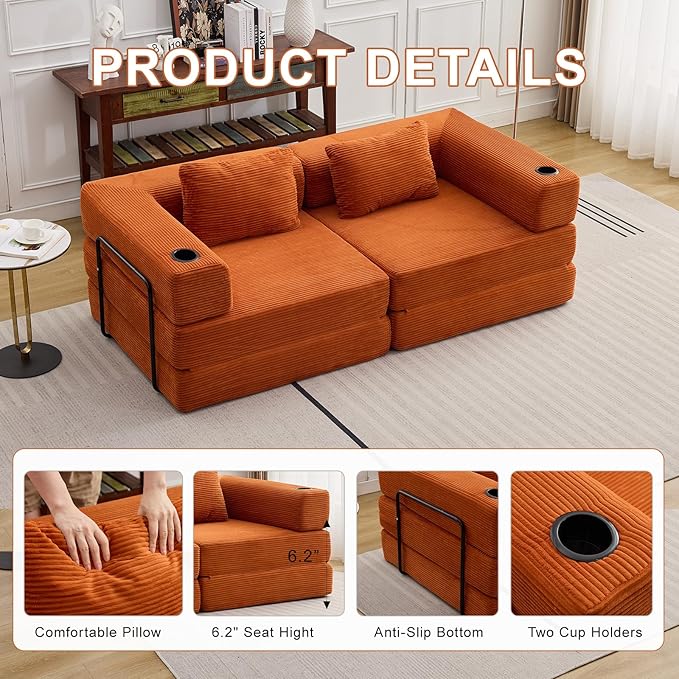 78" W Loveseat Sofa, 4 in 1 Convertible Floor Sofa Bed, Boneless Cloud Couch with Cup Holder, Fold Out Floor Couch, Loveseat Recliner Sleeper for Living Room Bedroom Lounge(Corduroy, White)-Ruum Studio Home