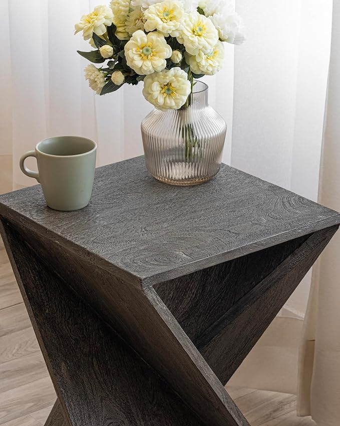 Modern Hand Made One-of-a-Kind Carved Mango Wood End Table, Farmhouse Side Table,Farmhouse End Table,Living Room,Bedroom, Accent Table, Contemporary Architectural Designed Grey,Assembled-Ruum Studio Home