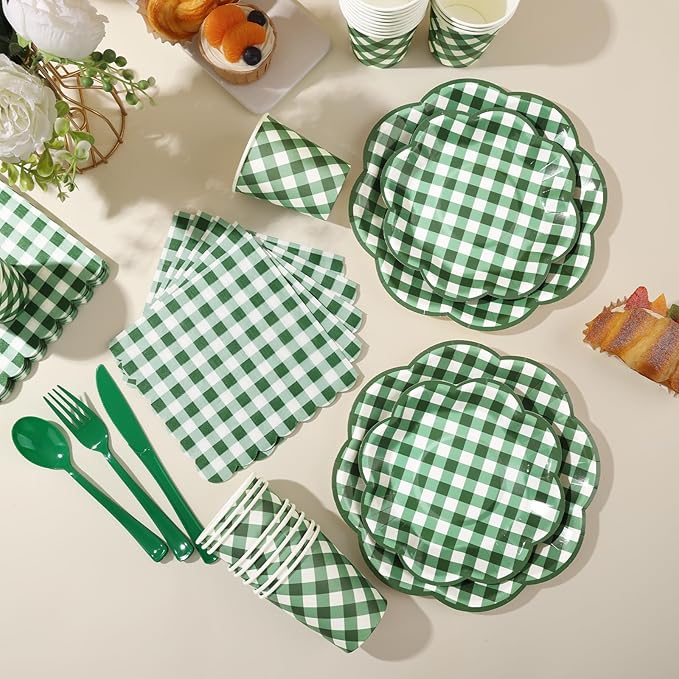 350 Pcs Green Gingham Plates and Napkins Party Supplies - Green and White Checkered Plates Sets Serve 50 Guests - Scalloped Gingham Paper Plate for Birthday Picnic BBQ Golf Party Decorations-Ruum Studio Home