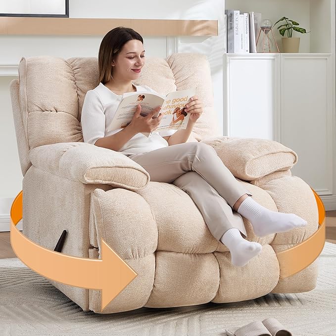 Oversized Recliner Chair Manual Swivel Rocker Recliner for Living Room Chenille Overstuffed Nursery Reclining Sofa Chair Rocking Recliners for Adults 400lbs (Manual, Beige)-Ruum Studio Home