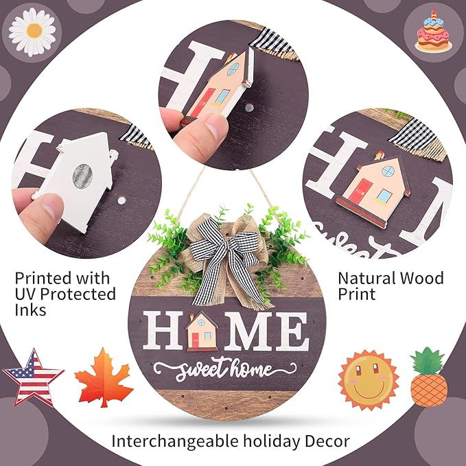 Interchangeable Welcome Sign for Front Door with 14 Changeable Icons, Farmhouse Front Porch Decor Rustic Wooden Wall Sign with 12 LED Lights, Outdoor Seasonal Welcome Home Decorations (Wood home1)-Ruum Studio Home