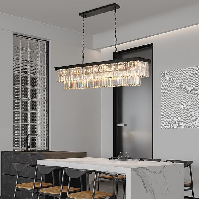 Crystal Chandeliers for Dining Room Light Fixtures Over Table，18-Lights Black Modern Rectangle Chandeliers for Kitchen Island Bar L46 Inch-Ruum Studio Home