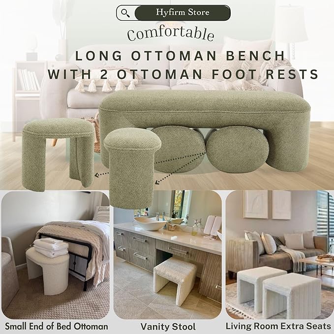 3-Piece 53" Comfy Upholstered Dining Bench with 2 Ottomans, Accent Waterfall Bench Modern End of Bed Entryway Bench Vanity Stool, Green Chenille-Ruum Studio Home