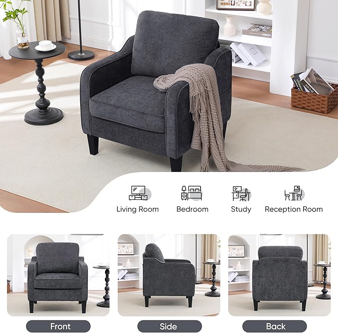 Accent Chairs Set of 2, Upholstered Living Room Chairs with Side Pockets, Mid Century Modern Reading Chair for Bedroom, Comfy Armchair Single Sofa Side Chair for Office, Small Room, Dark Grey-Ruum Studio Home