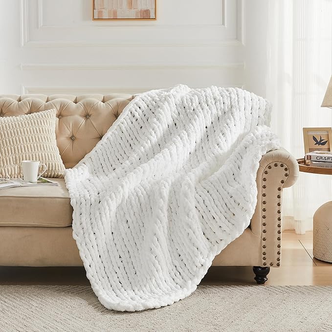 Carriediosa Chunky Knit Throw Blanket 50" X 60", 100% Hand Made Large Chenille Loop Yarn Soft Fluffy Throws for Couch Sofa Bed, Big Crochet Cozy Heavy Thick Cable Woven Blankets, Snow White-Ruum Studio Home