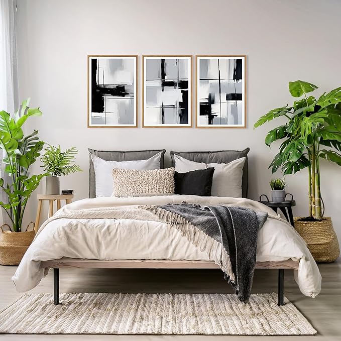 HPNIUB Modern Abstract Geometric Wall Art, Black & White Canvas Neutral Prints, Minimalist Bohemian Mid-Century Wall Art for Hallway, Office Wall Decor- 16"x24"x3-Ruum Studio Home