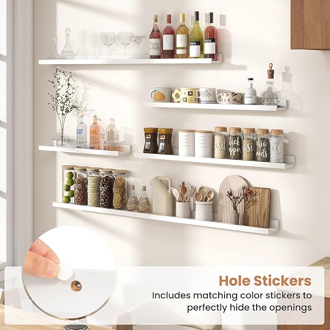 Fun Memories Picture Ledge Shelves Set of 2, 36 Inch Rustic Wall Mounted Floating Shelves with Lip for Home Storage and Décor in Bathroom, Kitchen, Nursery, Bedroom, Living Room, White-Ruum Studio Home