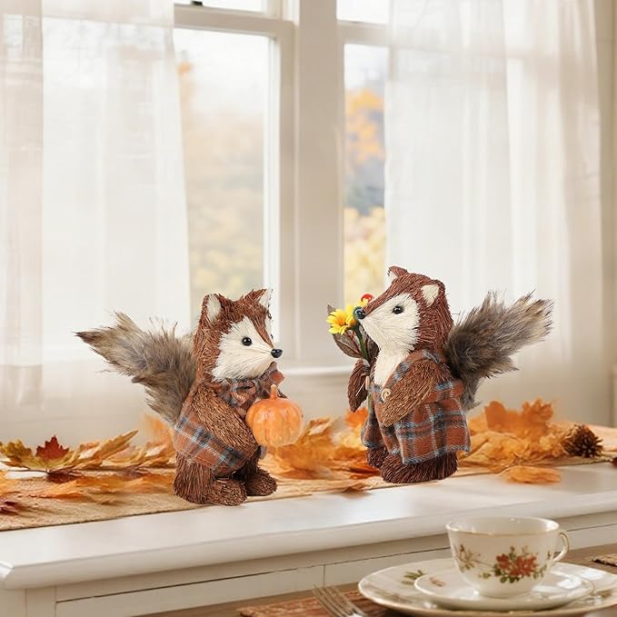 winemana 2 Pack Fall Decor Fox, Thanksgiving Decorations Indoor Sisal Foxes for Home Table Centerpiece Handmade Autumn Woodland Animal Friend Figurines with Pumpkin for Shelf Office Décor-Ruum Studio Home