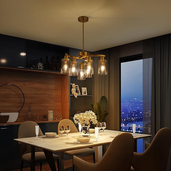6-Light Gold Chandeliers for Dining Room, Modern Kitchen Island Light Fixtures Over Table, Metal Hanging Pendant Lighting for Living Room Stairwell Entryway Bedroom, Clear Glass Shade-Ruum Studio Home