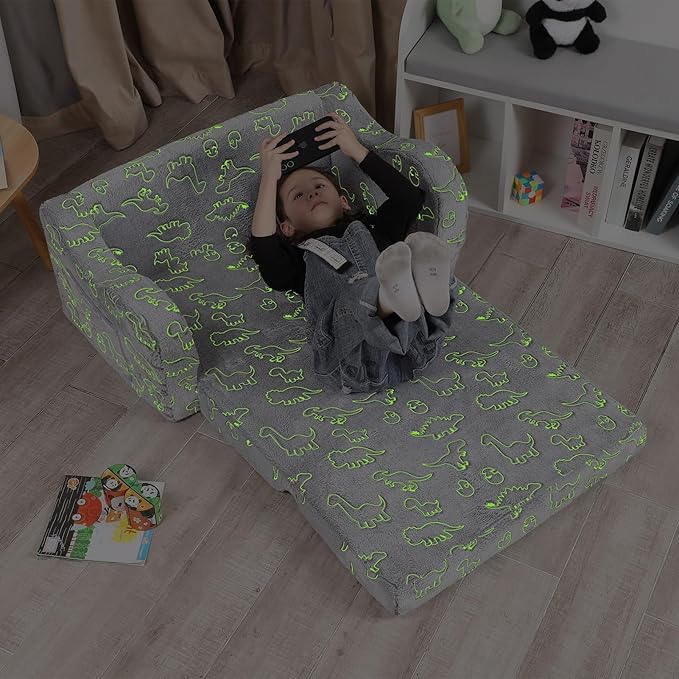 Kids Extra Wide Glow in The Dark Chairs for Toddler, 2-in-1 Toddler Soft Sherpa Couch Fold Out, Convertible Sofa to Lounger for Girls and Boys, Dark Grey-Ruum Studio Home