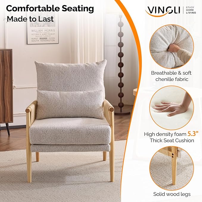 VINGLI Boho Braid Accent Armchairs Set of 2,Mid-Century Modern Chiars with Solid Wooden Armrest,Comfy Louge Cushion Chairs with Waist Pillow for Bedroom,Living Room,Reading Room, Light Grey-Ruum Studio Home