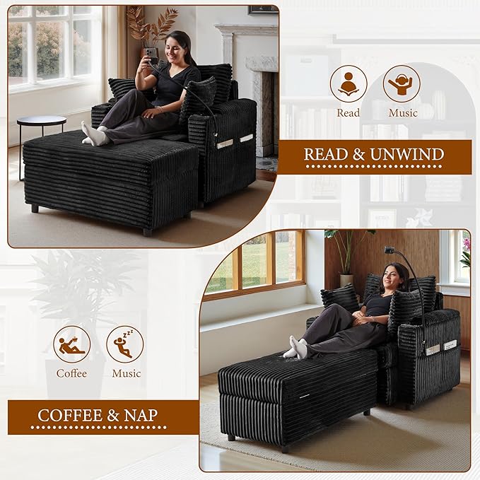 Accent Chair with Storage Ottoman Upholstered Living Room Chairs for Reading Chair with Chaise Lounge Chairs Indoor, Comfortable Armchair for Bedroom-Ruum Studio Home