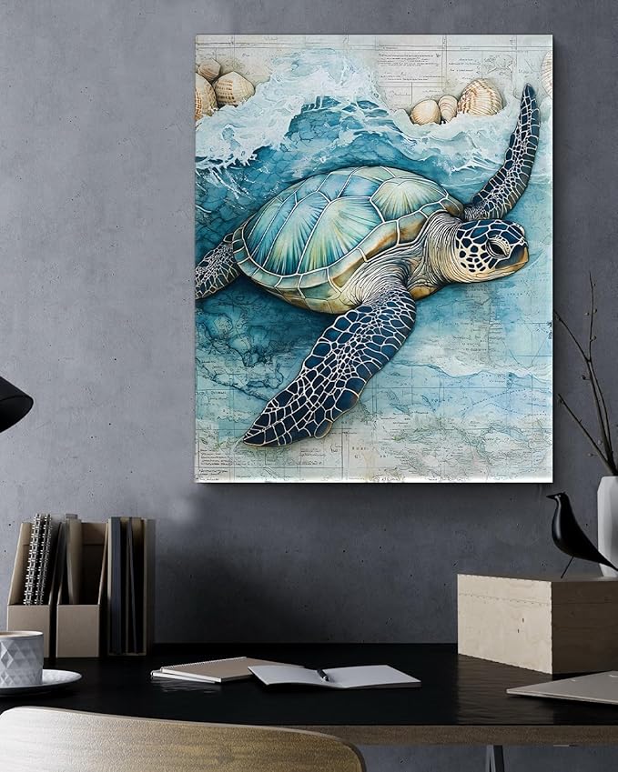 Coastal Sea Turtle Canvas Wall Art Turtle Nautical Ocean Theme Print Poster Framed Picture Painting for Home Beach House Bedroom Wall Decor 8x10 Inch-Ruum Studio Home