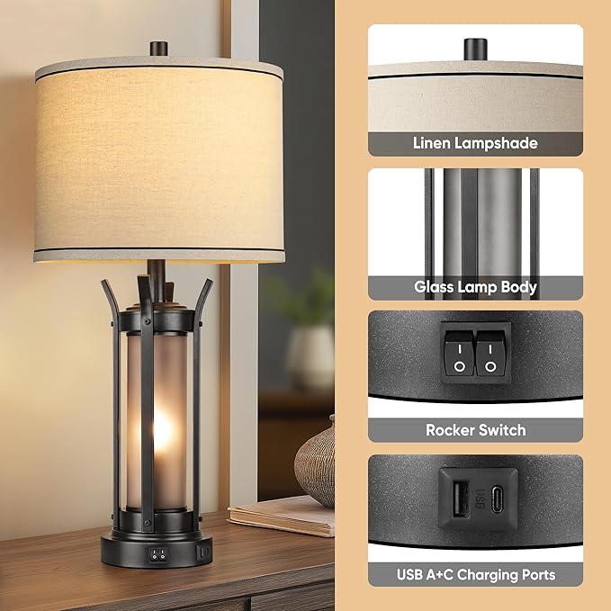 QiMH Farmhouse Table Lamps for Living Room, Beside Lamps for Bedroom with USB A+C Charging Ports, Rustic Nightstand Lamp Set of 2 with Frosted Glass Night Light, 4 Bulbs Included (Black)-Ruum Studio Home