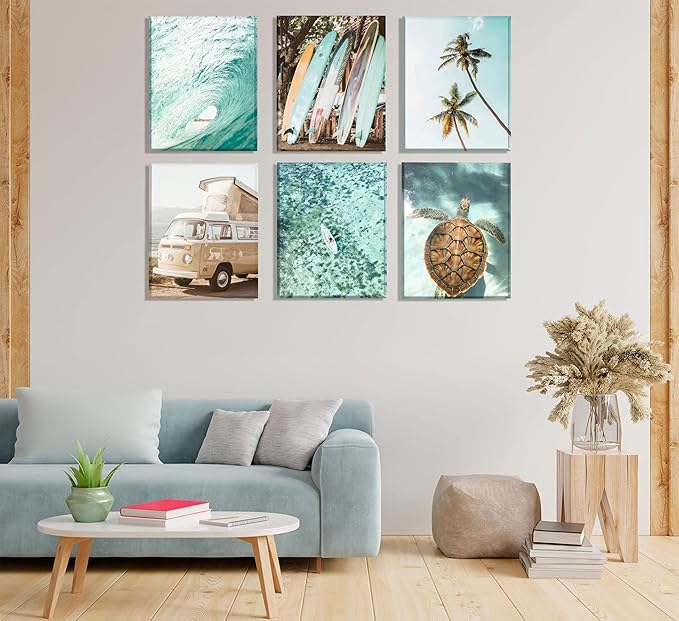 Set of 6 Tropical Beach Canvas Wall Art Surf Poster Summer Ocean Coastal Pictures Turtle Print Palm Tree Surfboard Gallery Paintings Nautical Bus Wall Decor for Bedroom Bathroom Framed-Ruum Studio Home