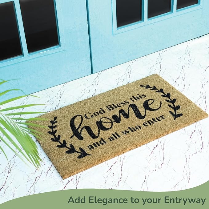 Welcome Doormats, Natural Coco Coir Mats with Non-Slip PVC Backing, Indoor Outdoor Mats for Home & Office, Mats for Door with God Bless This Home Print, Beige & Black, 30"x17"-Ruum Studio Home