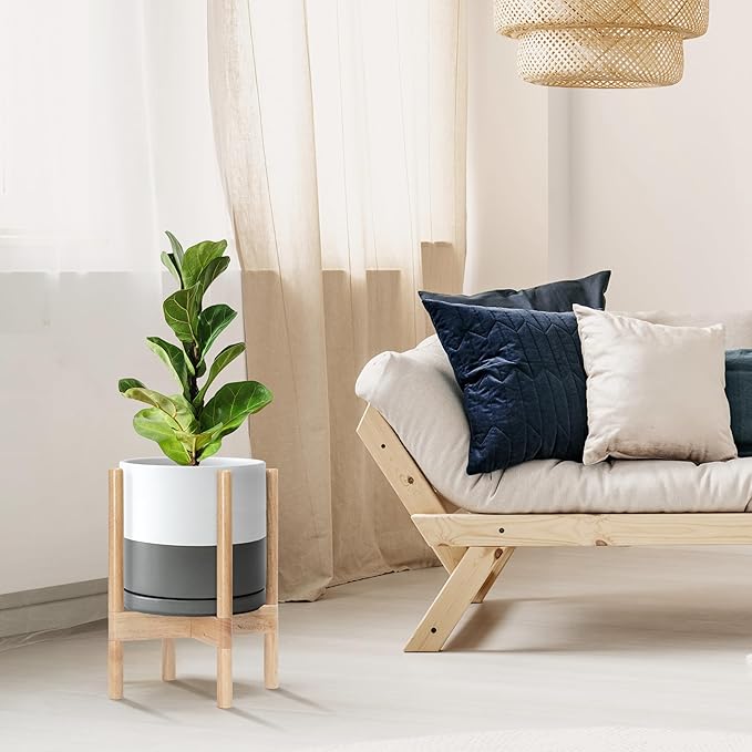 D'vine Dev Ceramic Planter with Natural Stand - 10 Inch Modern Round Flower Pot with Wood Planter Holder, White/Grey, 55-B-K-6-Ruum Studio Home