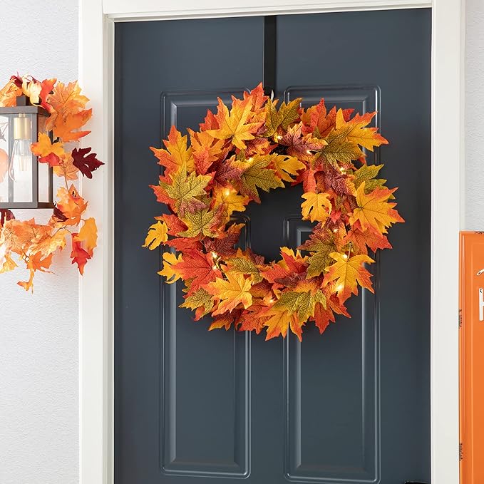 Glitzhome 24 Inch Pre-lit Fall Wreath, Autumn Wreath for Front Door, Lighted Maple Leaves Wreaths with Timer for Thanksgiving Halloween Christmas Wall Front Porch Home Decoration-Ruum Studio Home
