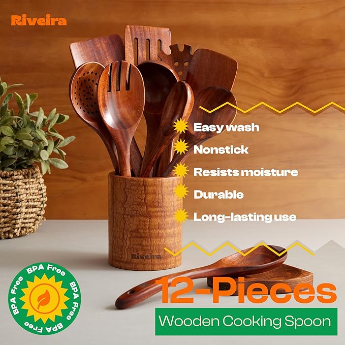 Riveira Dark Teak Kitchen Utensils Set - 12-Piece Non-Toxic Cooking Utensils Set - Wooden Spoons for Cooking - Spatula for Cooking - Teak Wooden Utensils-Ruum Studio Home