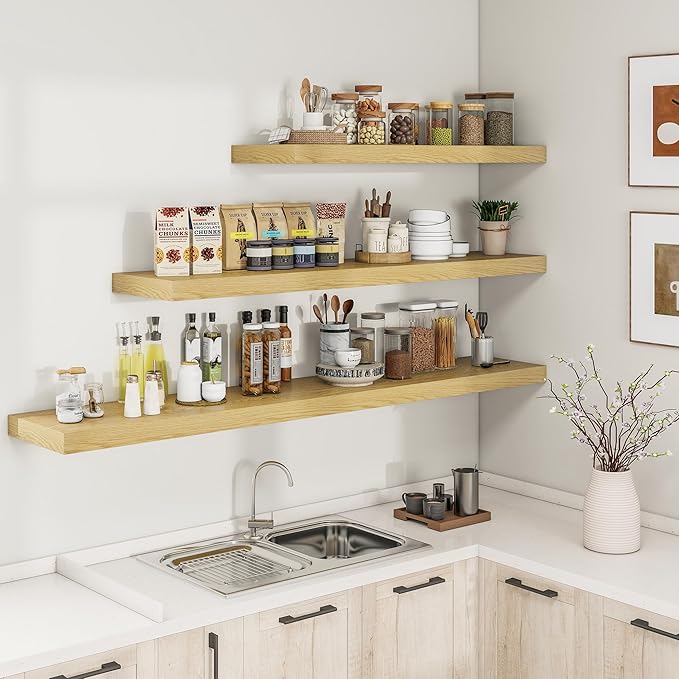 RICHFOCUS 72Inch Floating Shelves for Wall 1 Pack Shelves for Bedroom|Kitchen|Bathroom Wall Mounted Rustic Wood Floating Shelf with Invisible Brackets for Books|Storage|Decor, Oak-Ruum Studio Home