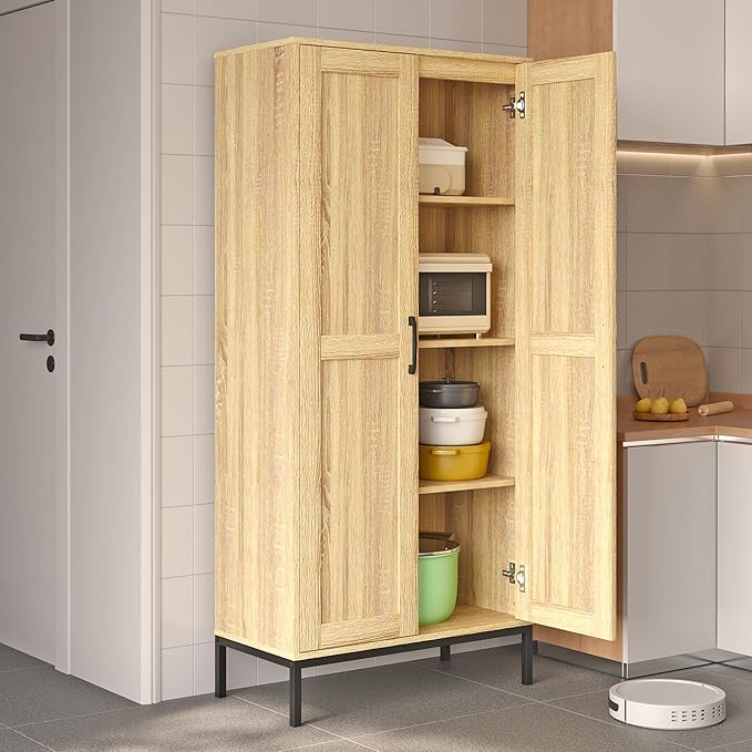 Tall Storage Cabinet, Kitchen Pantry Cabinet with 2 Doors & Adjustable Shelves for Laundry Room, Living Room, Entryway,Bathroom,Natural-Ruum Studio Home