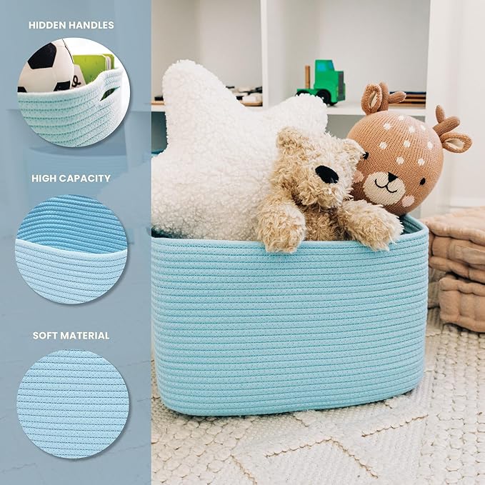 OrganiHaus Woven Storage Baskets for Organizing, Cotton Rope Organizer Bins for Shelves, Closet & Nursery, Dog Toy Basket, Decorative Bins for Toys, Towels & Books - 15x10x9, Blue-Ruum Studio Home