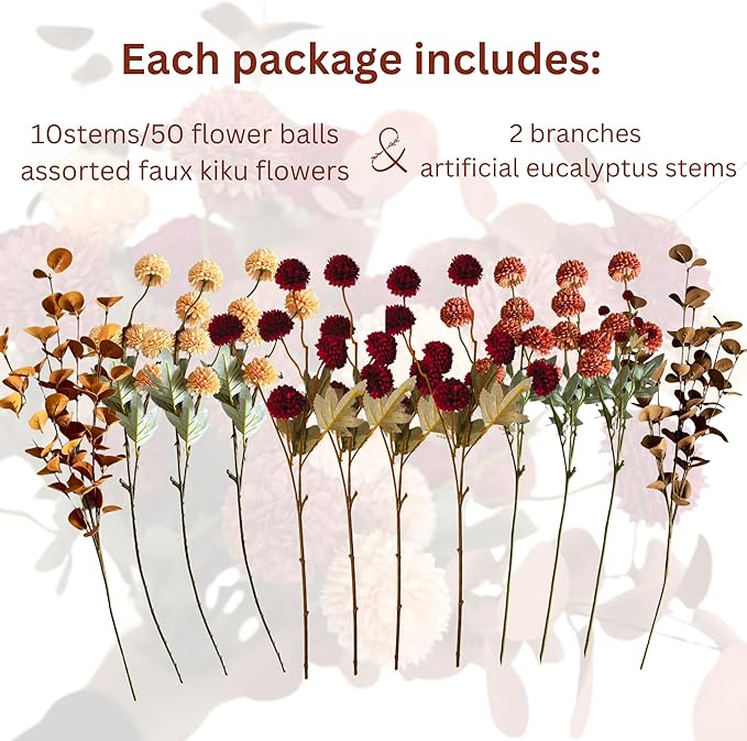 Fall Flowers, Burnt Orange Faux Kiku Flowers Artificial 10 Stems + Eucalyptus, Fake Silk Mums Fall Floral Centerpiece, Autumn Decor, Terracotta Mini Balls Faux Stems For Vase, Decoración de Otoño-Ruum Studio Home