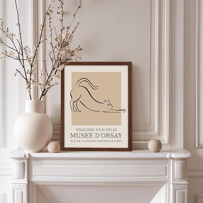 Poster Master Vintage Poster - Retro Minimalist Print - Gift for Artist, Housewarming - Cat, Line Drawing, Sketch, Abstract - Wall Decor for Living Room, Bedroom, 11x14 Brown Framed-Ruum Studio Home