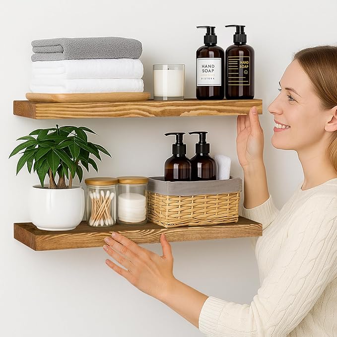 BGMG Wood Floating Shelves for Wall 24 inch Set of 2, Rustic Wooden Wall Mount Shelves for Living Room Bedroom Kitchen Farmhouse-24x6.7x1.25 inch- Gold Oak-Ruum Studio Home