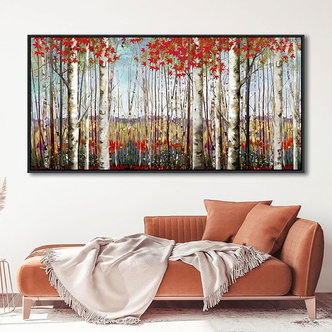 Mofutinpo Large Framed Wall Decor canvas Red Leaves White Birch Tree Wall Art For Living Room bedroom rustic kitchen Modern painting Artwork 29x58 Large Size Black Framed-Ruum Studio Home