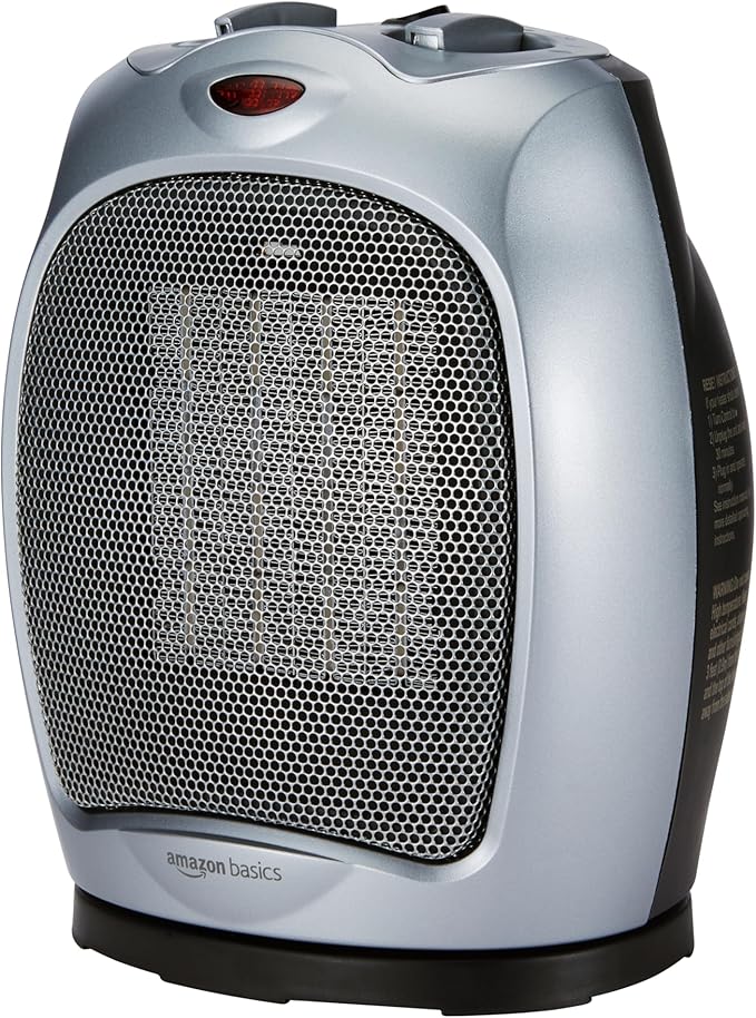 Amazon Basics Oscillating Ceramic Space Heater, Portable Indoor Heating Solution, With Overheat and Tip-Over Protection, Thermostat, 1500W, 7.52"D x 6.34"W x 9.45"H, Silver-Ruum Studio Home