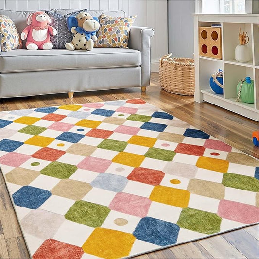jinchan Area Rug 4x6 Kids Washable Indoor Floor Cover Non-Slip Modern Soft Rug Elementary School Classroom Colorful Diamond Carpet for Nursery Playroom Daycare Bedroom Living Room Circus on Cream-Ruum Studio Home