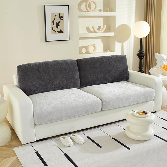 Large Backrest Cushion Covers Super Stretch Backrest Covers for 2 Cushion Couch Sofa, Couch Back Cushion Covers Featuring with Chenille Yarn (Softer Version, 2PC, Dark Grey)-Ruum Studio Home