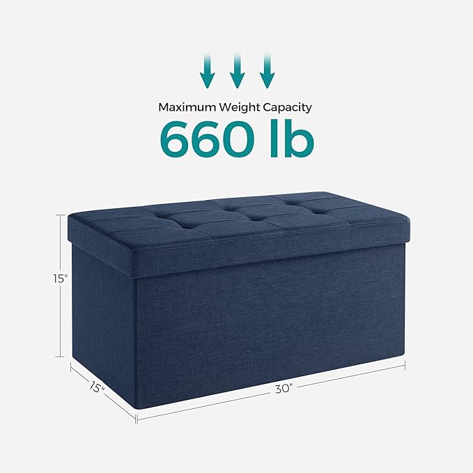 SONGMICS MAZIE Collection - 30 Inches Folding Storage Ottoman Bench, Ottoman Foot Rest, End of Bed Bench, Storage Chest, Load 660 lb, for Living Room, Bedroom, Entryway, Midnight Blue ULSF47IN-Ruum Studio Home